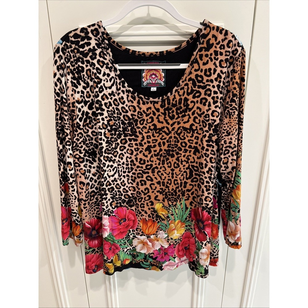 Johnny Was Sandra Top Leopard Floral Butterfly Print Artsy Bamboo Maximalist